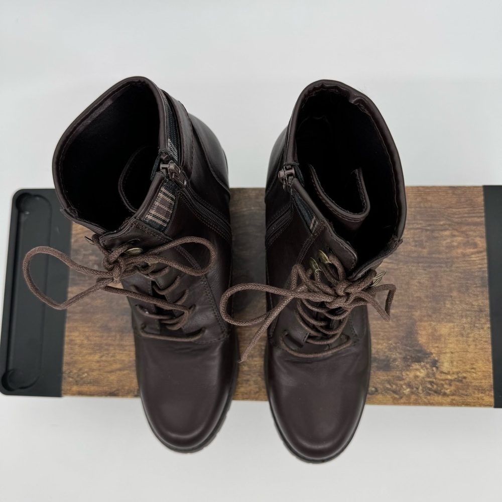 Seychelles Lace-Up Heeled Combat Boots – Brown with Plaid Cuff – Size 9.5 - Picture 3 of 11